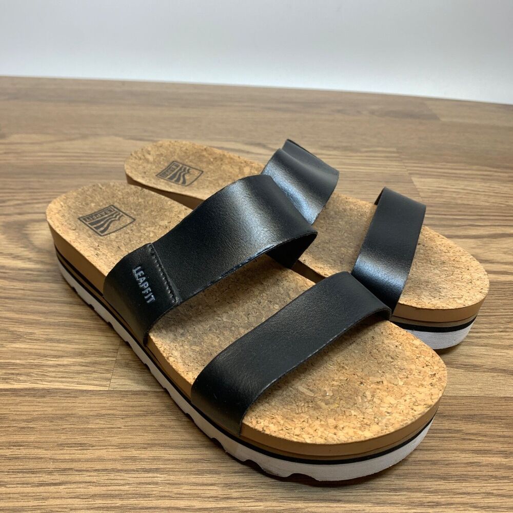 REEF Cushion Vista Hi Women’s Black Vegan Leather Two Strap Platform Sandal Sz 9